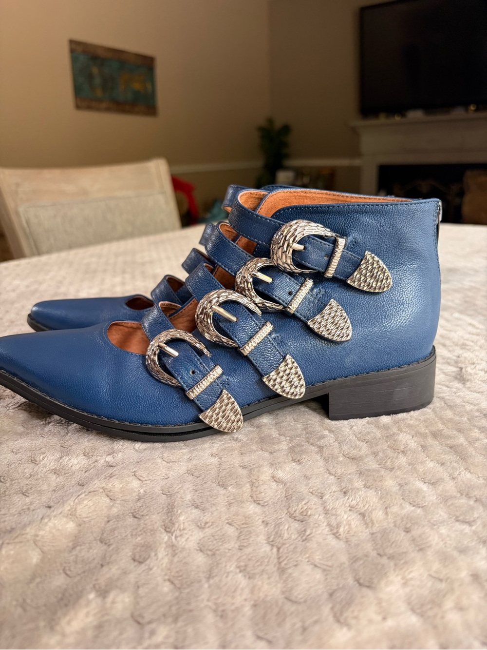 Pointed Navy Leather Ankle Booties with Decorative Buckles